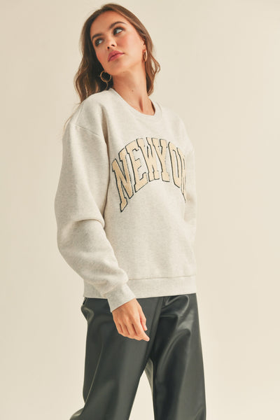 Women Chenille Embroidered Letter Patch Sweater -NewYork
