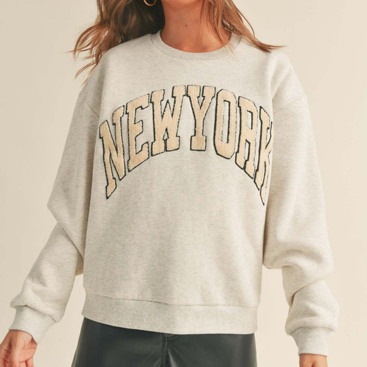 Women Chenille Embroidered Letter Patch Sweater -NewYork - AT NOON STORE