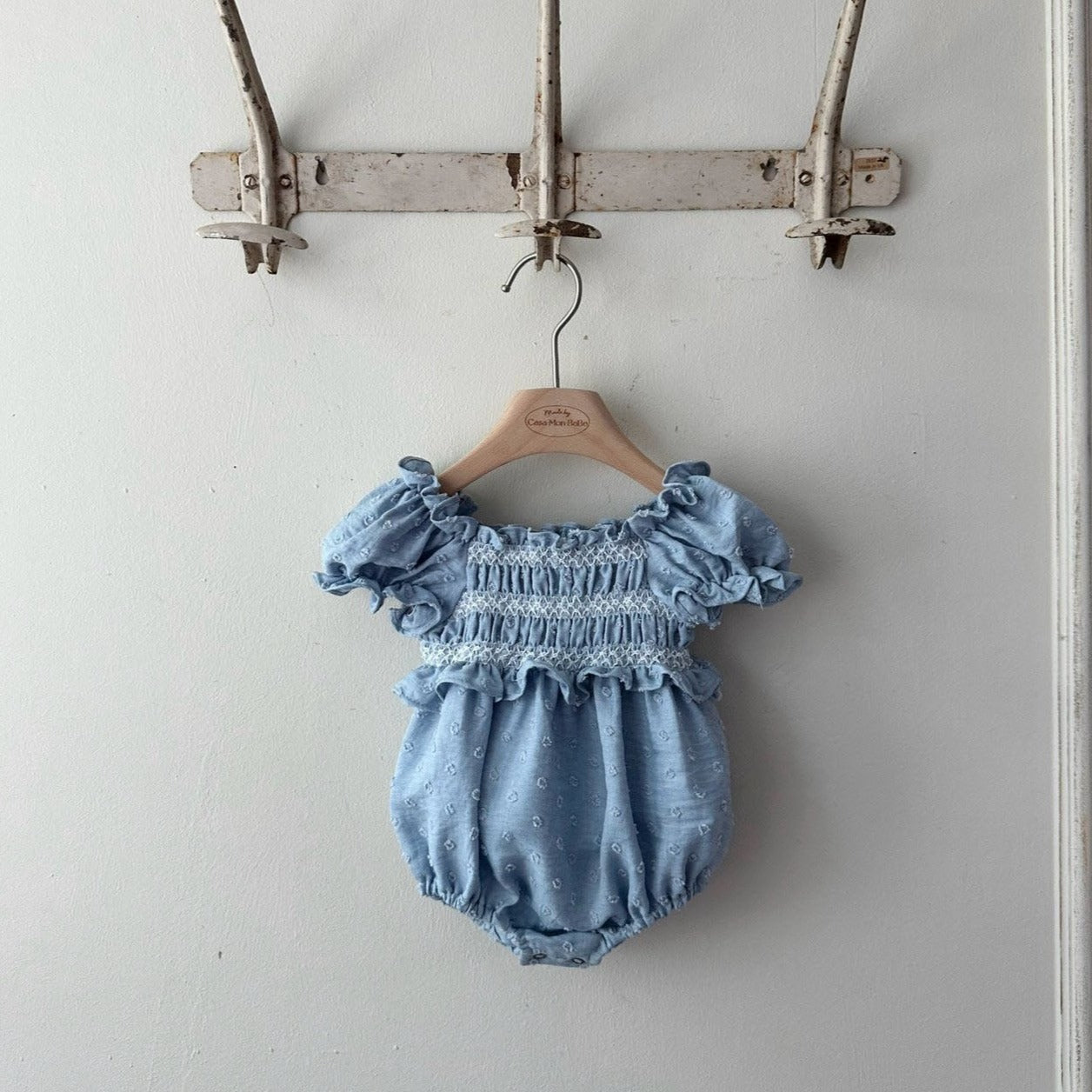 Baby Monbebe Short Puff Sleeve Smocked Bodice Bubble Romper (3-24m) - Blue - AT NOON STORE