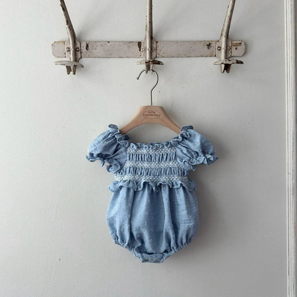 Baby Monbebe Short Puff Sleeve Smocked Bodice Bubble Romper (3-24m) - Blue