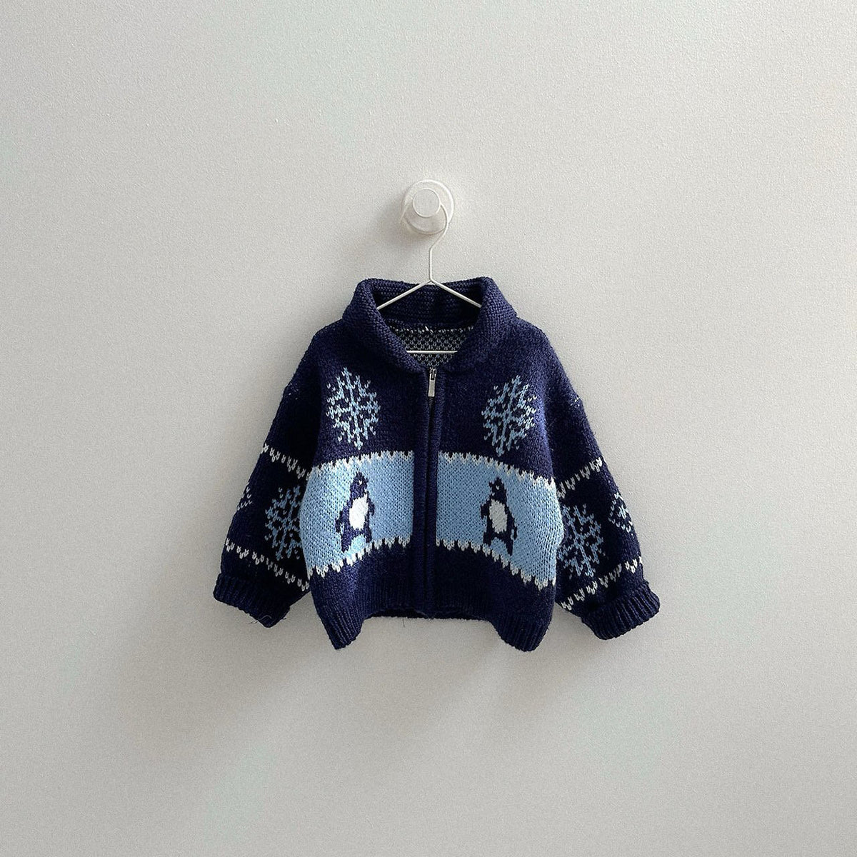 Toddler FW26 Penguin and Snowflake Jacquard Shawl Collar Zip-up Cardigan (10m-4y) - Navy