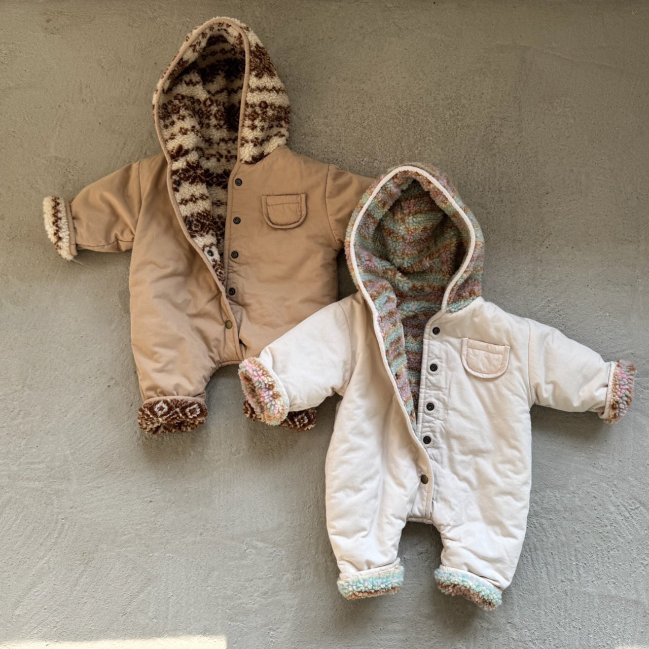 Baby W25 Sherpa Lined Reversible Hooded Romper with Hood (3-18m) - 2 Colors