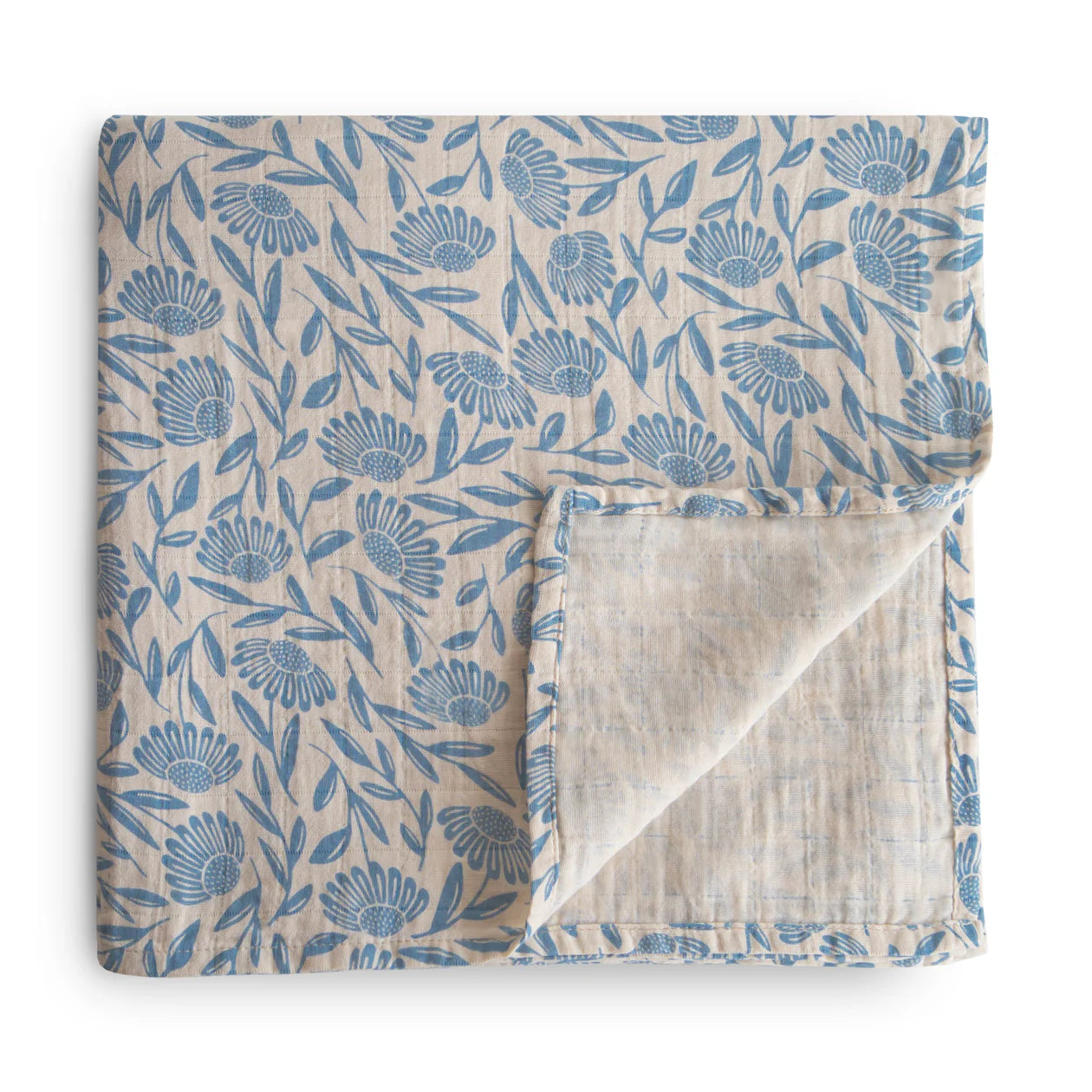 Mushie Muslin Swaddle Blanket Organic Cotton (Blue Flowers)