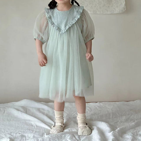 Kids Ruffle Yoke Puff Sleeve Tulle Dress  (2-6y) - Mint