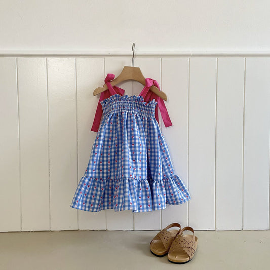 Toddler Milk SS26 Heart Gingham Smocked Bodice Tie Shoulder Dress (1-7y) - Blue