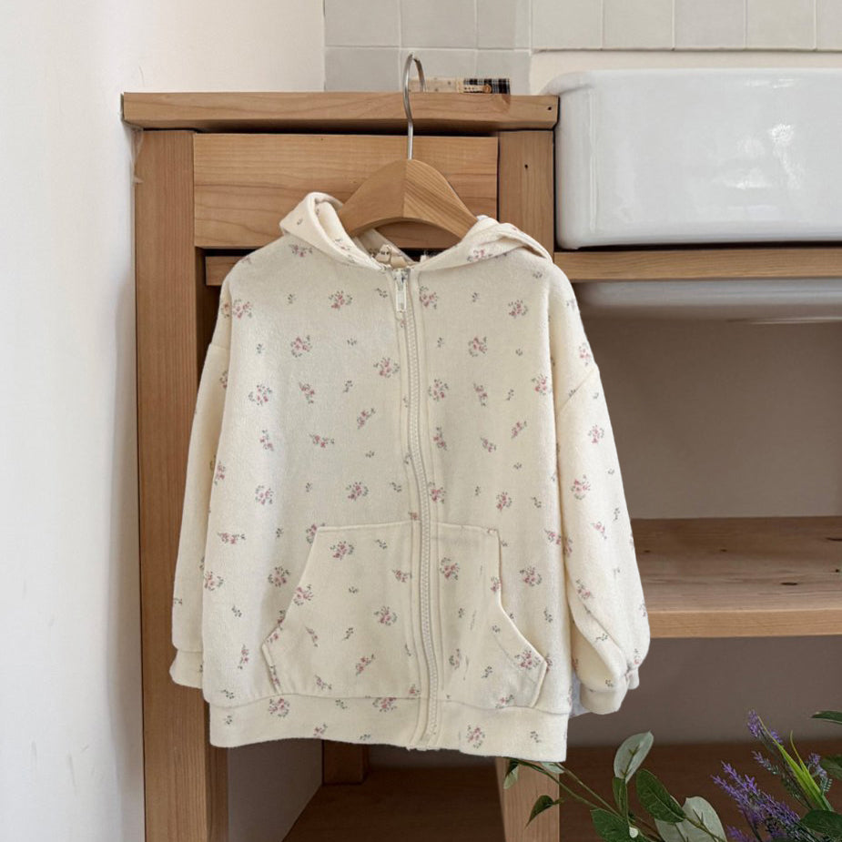 Kids SP26 Floral Terry Cloth Zip-Up Hooded Jacket (1-7y) - Ivory - AT NOON STORE