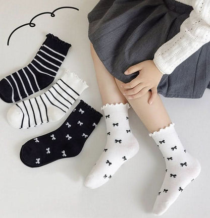 Baby Toddler Lettuce-Edge Bow/Stripe 4PK Ankle Socks Set (3-8y) - Black and White - AT NOON STORE