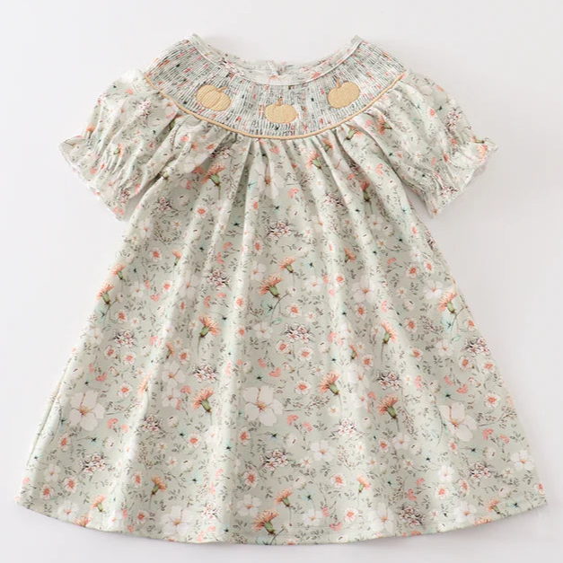 Green Floral Pumpkin Embroidery Yoke  Dress (6m-7y) - Green Floral - AT NOON STORE