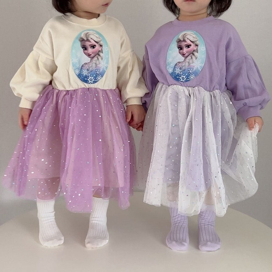 Toddler S25 Puff Sleeve Cotton Elsa Tulle Dress (15m-7y) - 2 Colors