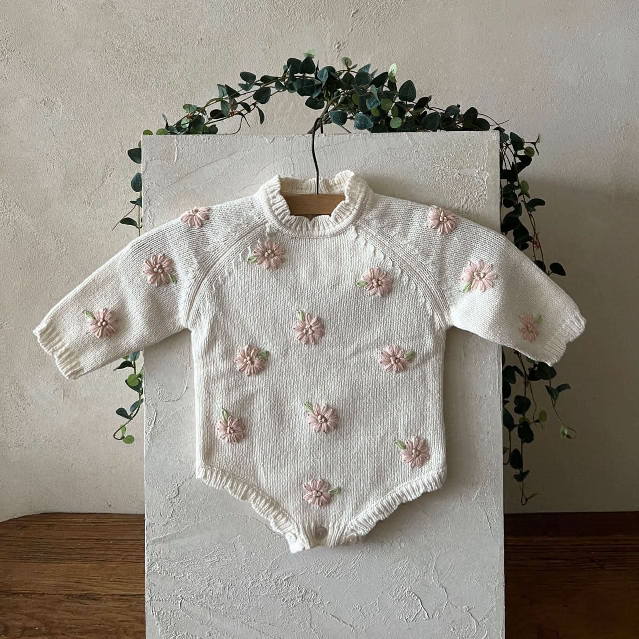 Baby Lala S25 Floral Embroidery Long Sleeve Knit Romper (6-24m) - Ivory - AT NOON STORE