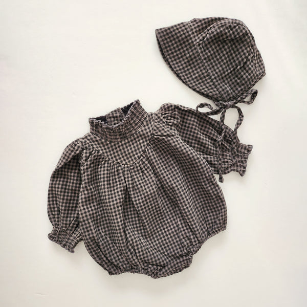 Baby Nunu Fleece-Lined Gingham Corduroy Romper and Bonnet Set (3-18m)- Grey