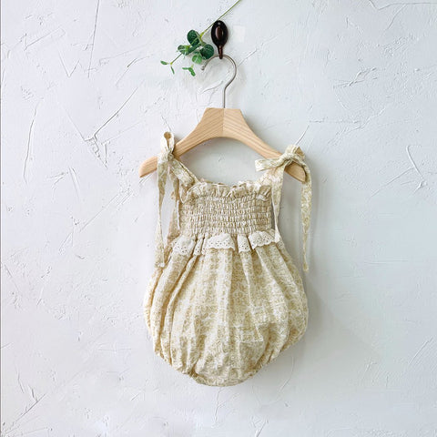Baby Milk Tie-Shoulder Smocked Bodice Romper (0-24m) - Olive