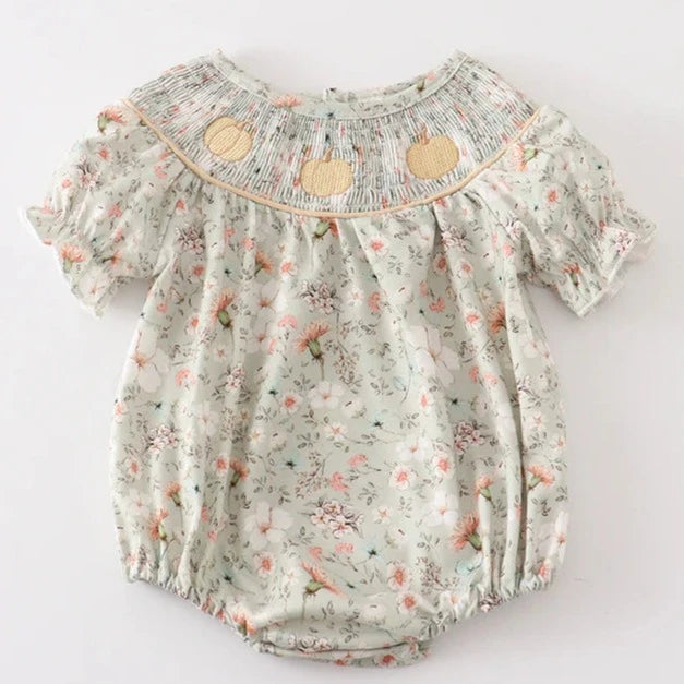 Green Floral Pumpkin Embroidery Yoke Bubble Romper (3-12m) - Green Floral