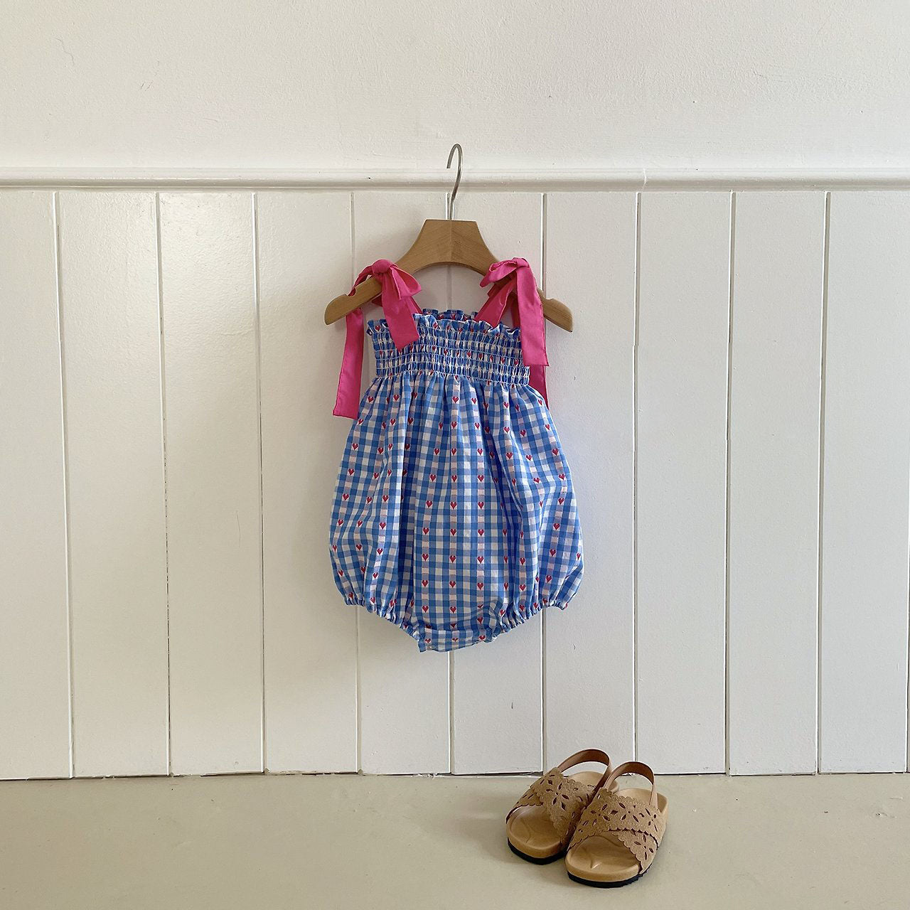 Baby Milk SS26 Heart Gingham Smocked Bodice Tie Shoulder Bubble Romper (3-18m) - Blue
