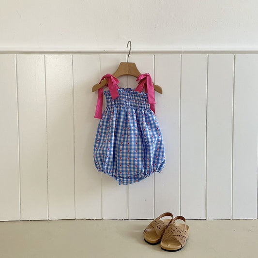 Baby Milk SS26 Heart Gingham Smocked Bodice Tie Shoulder Bubble Romper (3-18m) - Blue