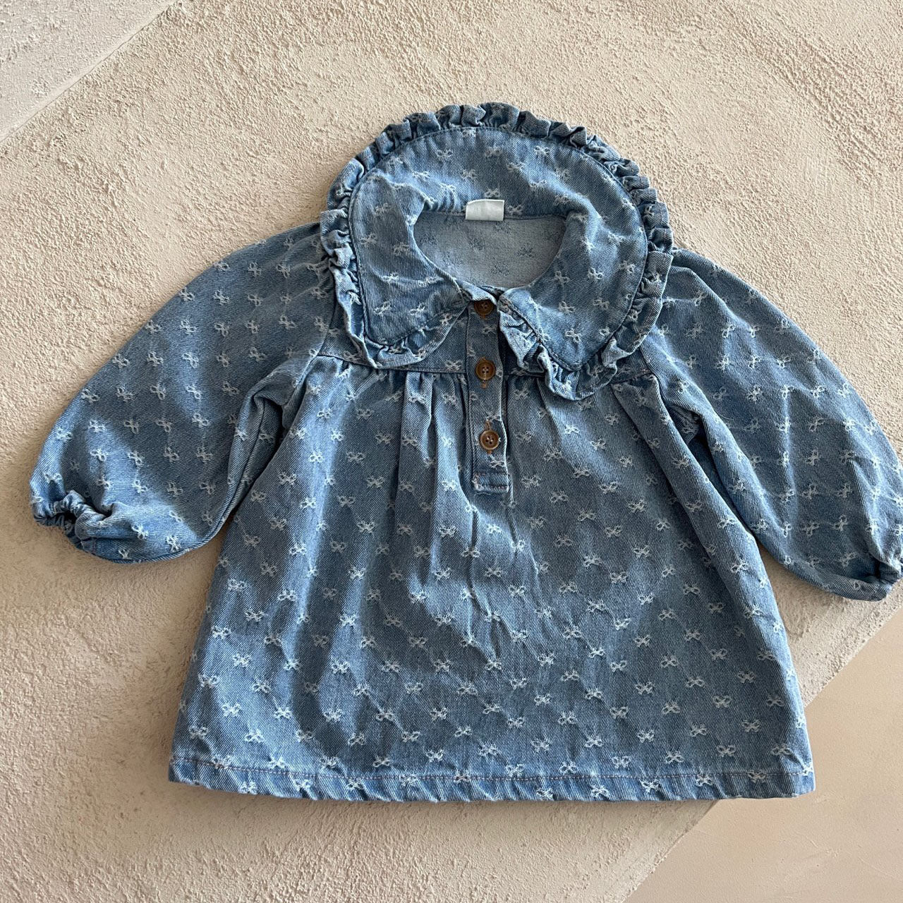 Girl Lala Frill Trim Big Collar Bow Jacquard Denim Dress (1-5y) -Denim