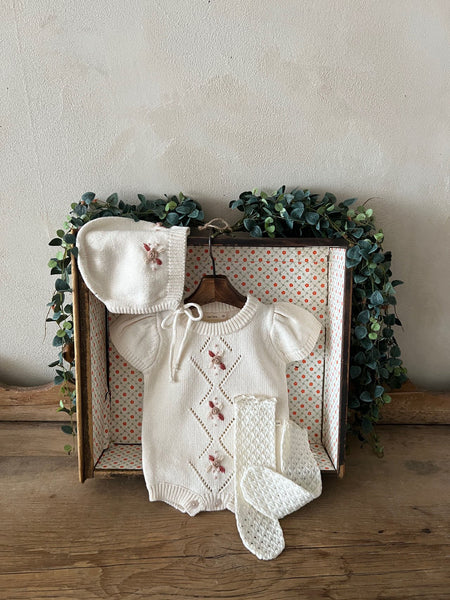 Baby Floral Embroidery Short Sleeve Knit Romper (0-24m) - Ivory
