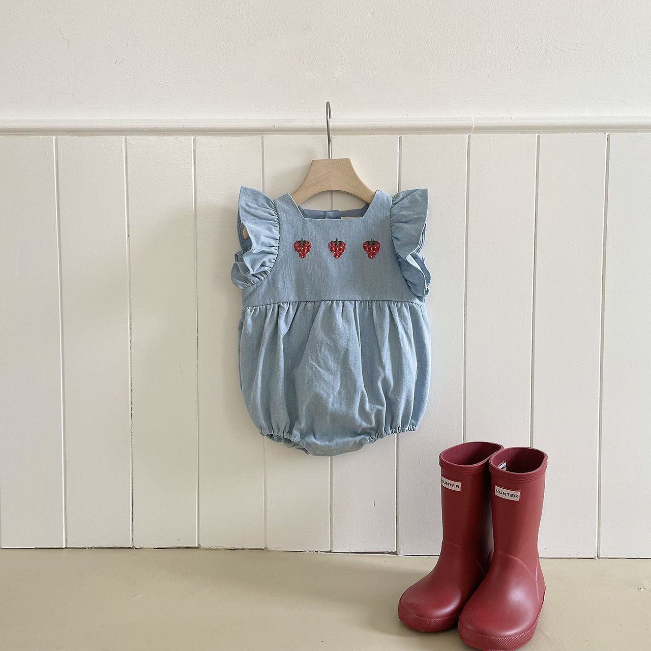 Baby Milk SS26 Strawberry Embroidery Ruffle Sleeve Bubble Denim Romper (3-18m) - Light Denim