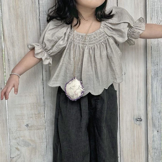 Kids Frill Puff Sleeve Crop Top  (2-6y) - Gray - AT NOON STORE