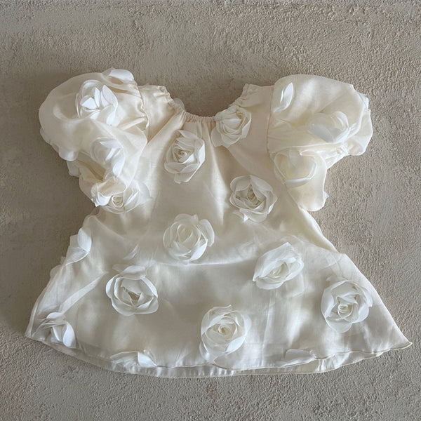 Girls Lala Puff Short Sleeve Dress with 3D Floral Corsage (1-6y) - Ivory
