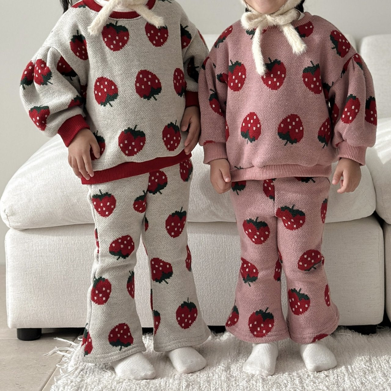 Toddler W25 Strawberry Jacquard Puff Sleeve Sweater & Flare Pants Set (15m-7y) - 2 Colors