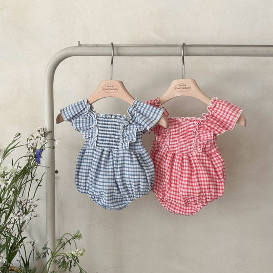 Baby Monbebe Gingham Ruffle Short Sleeve Romper (3-24m) - 2 Colors - AT NOON STORE