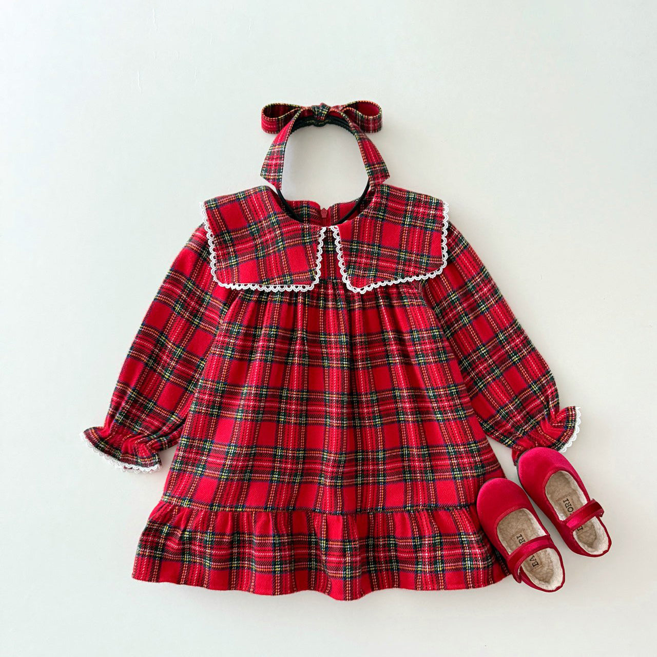 Kids W25 Holiday Plaid Lace Detail Square Collar Frill Dress (2-7y) - Red Green