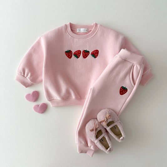 Kids W24 Brushed Fabric Strawberry Embroidery Sweatshirt & Jogger Pants Set (1-7y) - Pink