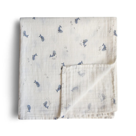 Mushie Muslin Swaddle Blanket Organic Cotton (Whales)