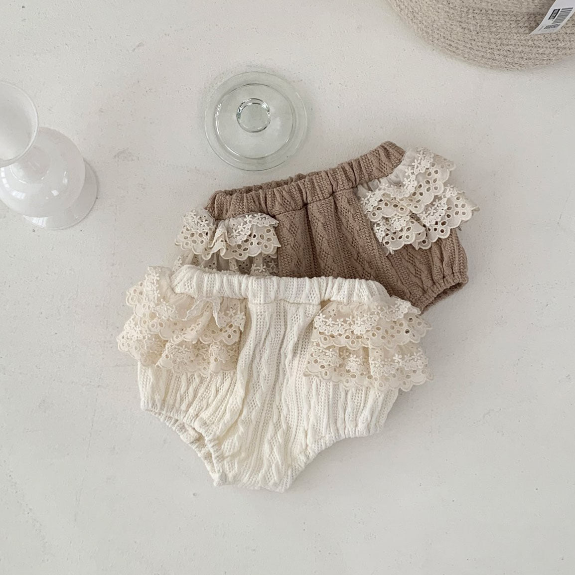 Baby S25 Lace Detail Textured Fabric Bloomer Shorts (3-18m) - 2 Colors