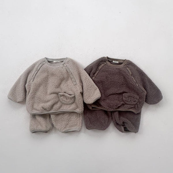 Toddler Anggo Button Detail Sherpa Top and Pants Set (1-6y) - 2colors