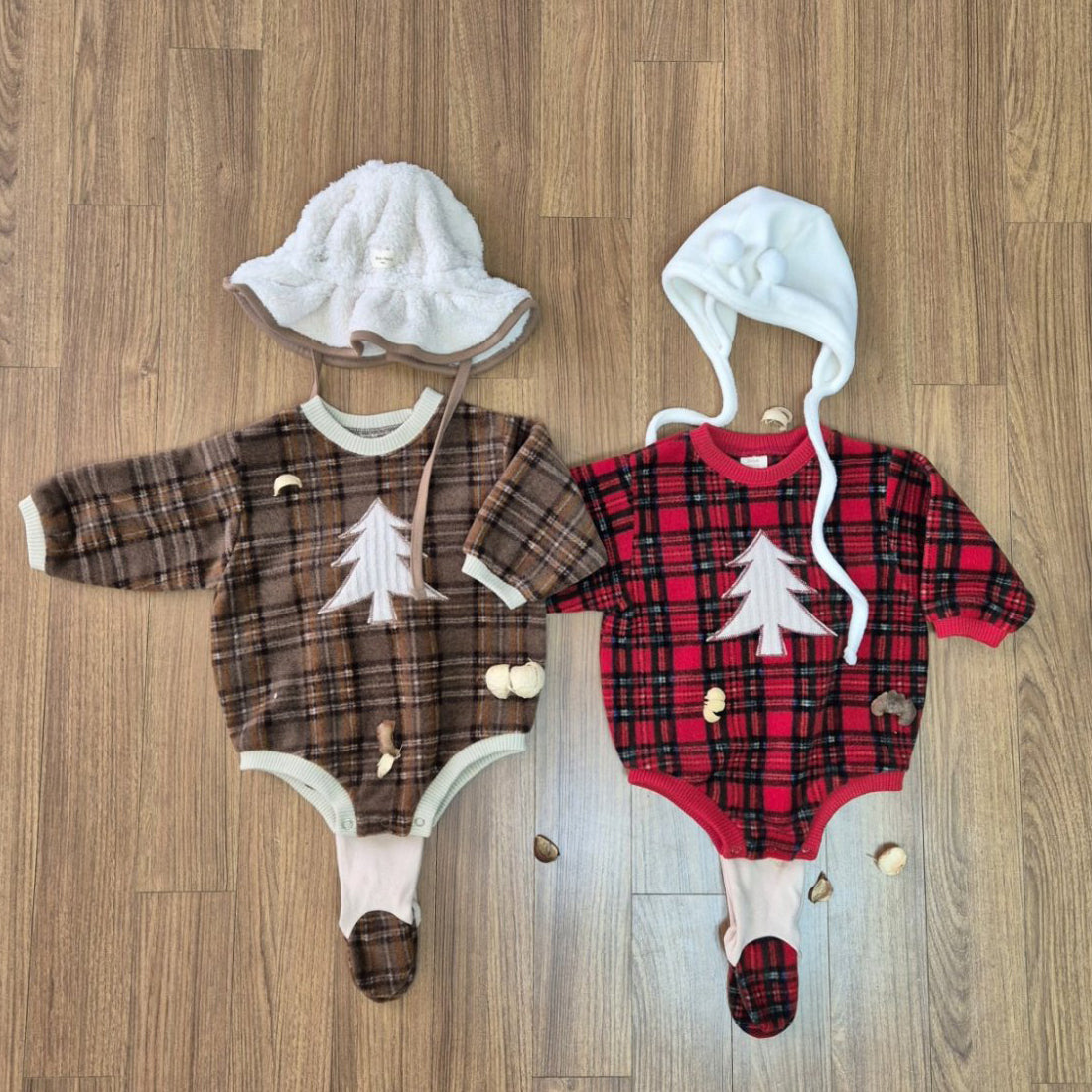 Baby W24 Fleece Tartan Check Tree Patch  Sweatshirt Romper(3-18m) - 2 Colors