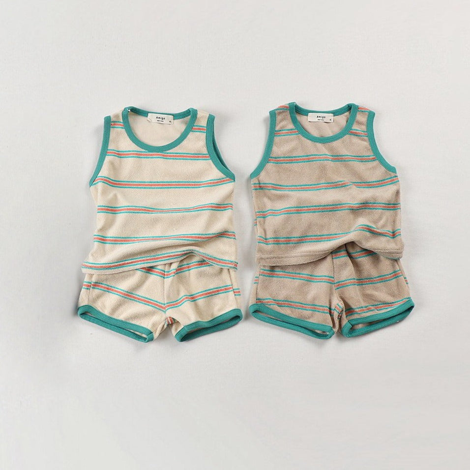 Toddler Stripe Terry Cloth Tank Top and Shorts Set (2-3y) - Beige - AT NOON STORE