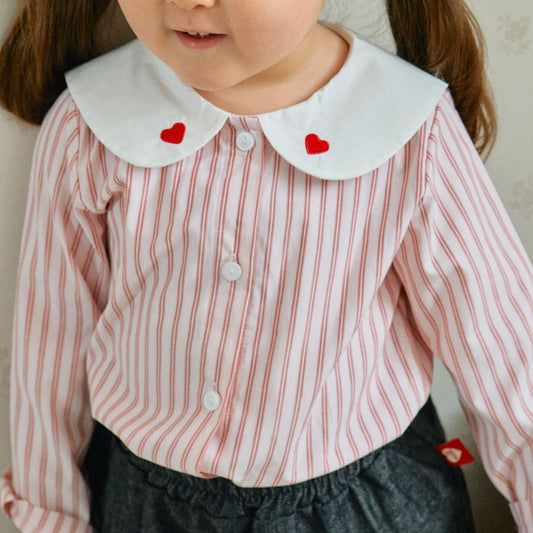Toddler Milk F25 Heart Embroidery Collar Stripe Shirt (1-7y) - Pink - AT NOON STORE