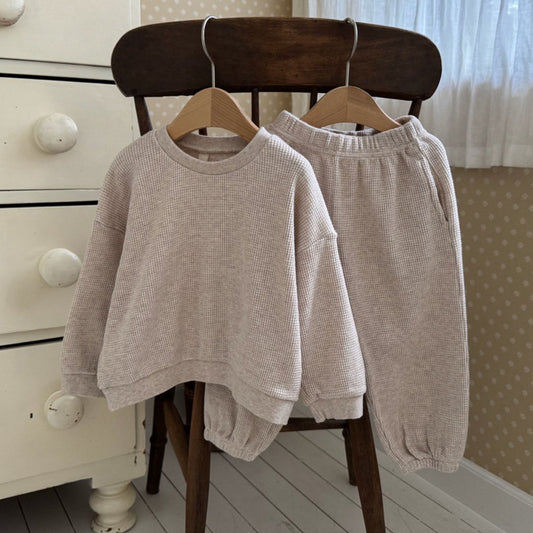 Kids F25 Waffle Long Sleeve Sweatshirt and Jogger Pants Set (1-6y) - Beige - AT NOON STORE
