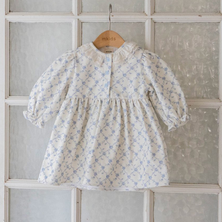 Baby Toddler Lace Detail Soft Brushed Fabric Dress (6m-6y) - Blue Floral