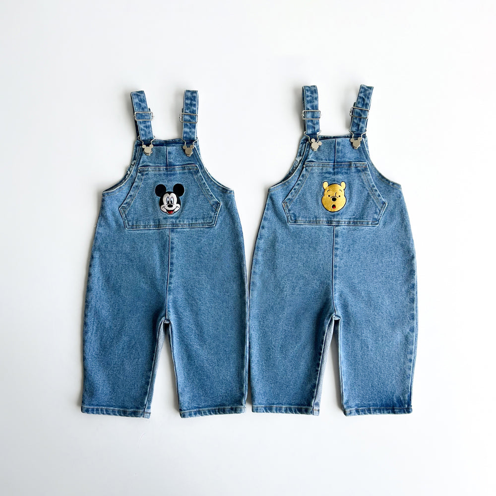 Toddler Disney Mickey and Pooh Face Embroidery Kangaroo Pocket Denim Overalls (2-7y) -2 Colors