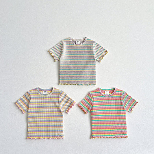 Toddler SS26 Multi Stripe Lettuce-Edge Ribbed Short Sleeve Top (2-8y) - 3 Colors - AT NOON STORE