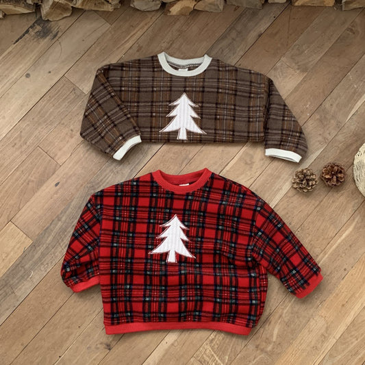 Toddler W24 Fleece Tartan Check Tree Patch Sweatshirt(3-8y)- 2 Colors - AT NOON STORE