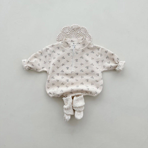 Baby Flower Print Mock-neck Half-zip Waffle Romper (3-18m) - Cream