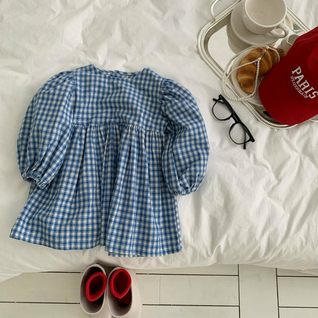 Kids F26 Plaid Bubble Sleeve Dress (1-7y) - Blue
