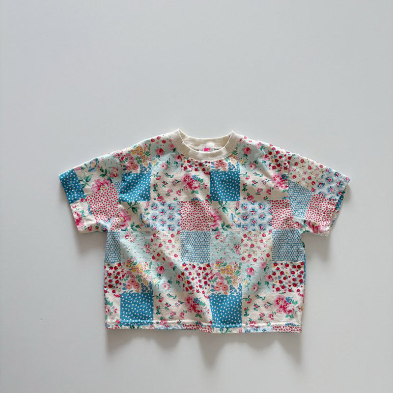 Toddler SP26 Quilted Print Short Sleeve Loose Fit Top  (1-6y) - Blue - AT NOON STORE