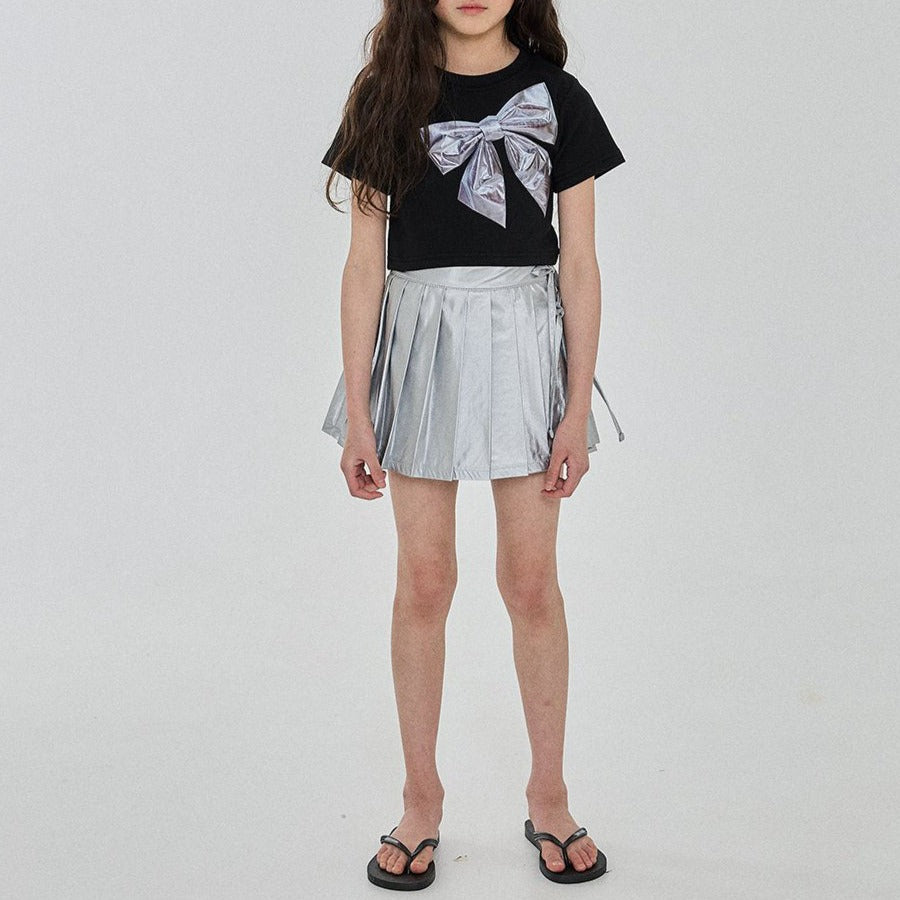 Girls Silver Bow Short Sleeve Cropped Top (3-6y) - Black - AT NOON STORE