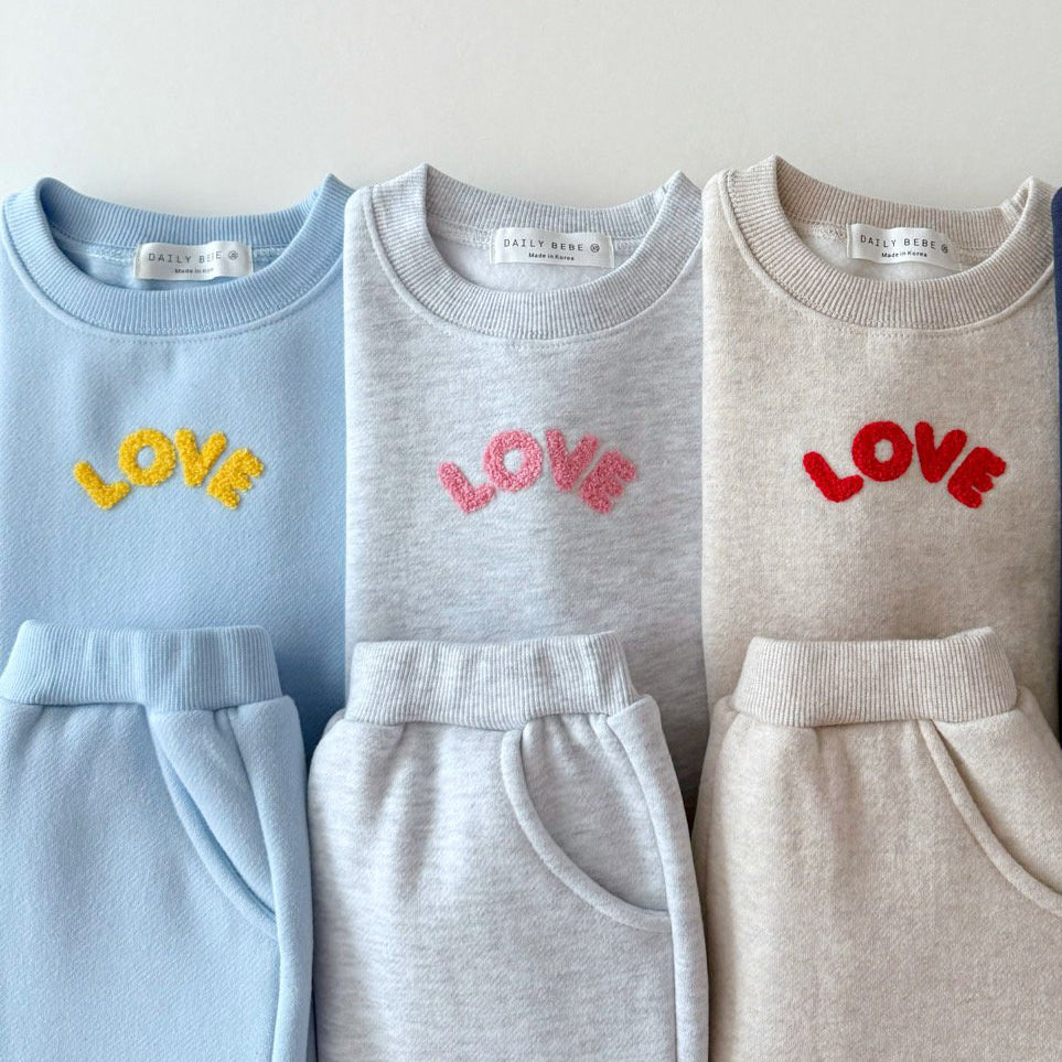 Kids Brushed Fabric 'LOVE' Chenille Embroidered Patch Sweatshirt & Jogger Pants Set (1-7y) - 3 Colors