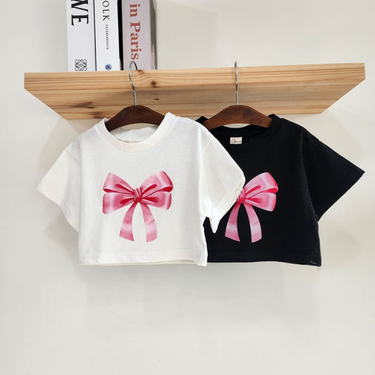 Toddler Bow Print Short Sleeve Cropped Top (1-7y)- 2 Colors