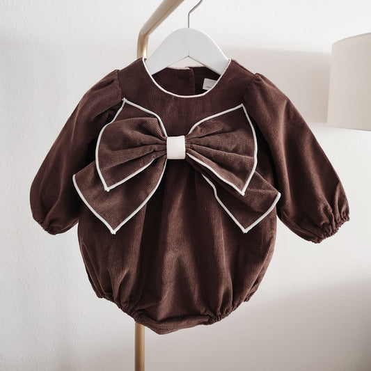 Baby Corduroy Bow Bubble Romper (3-18m) - Brown - AT NOON STORE