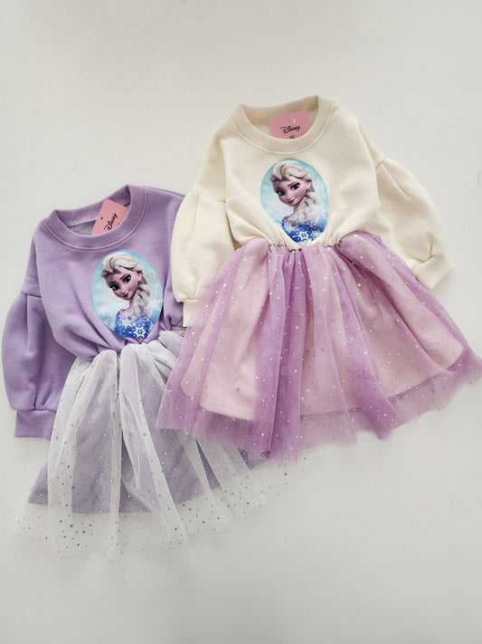 Toddler Fleece Lined Puff Sleeve Cotton Elsa Tulle Dress (15m-7y) - 2 Colors