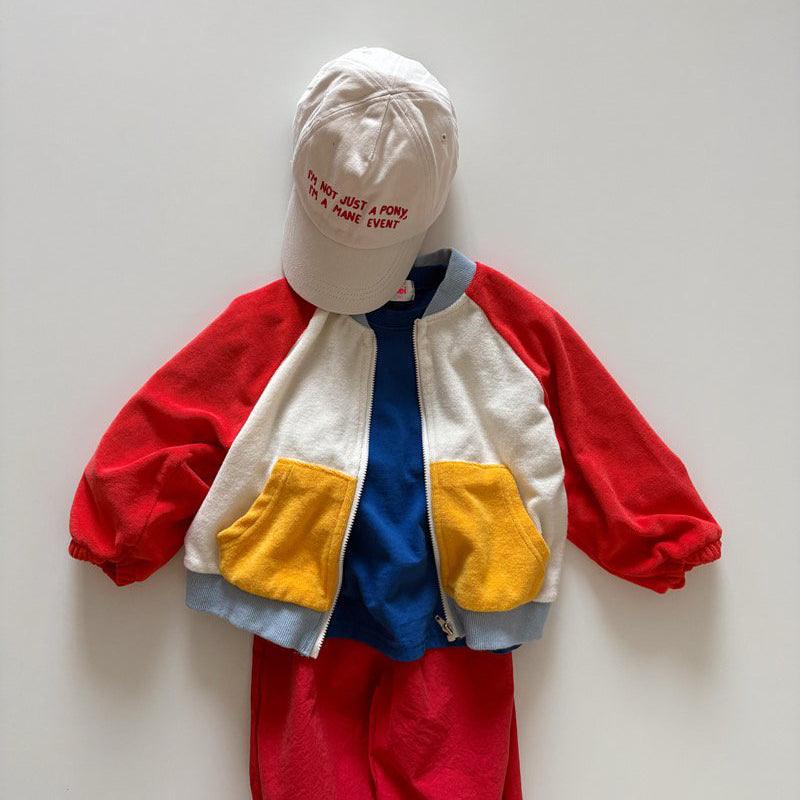 Toddler SP26 Terry Cloth Colorblock Raglan Jacket (1-6y) - Red - AT NOON STORE