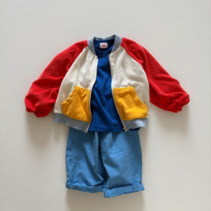 Toddler SP26 Terry Cloth Colorblock Raglan Jacket (1-6y) - Red - AT NOON STORE