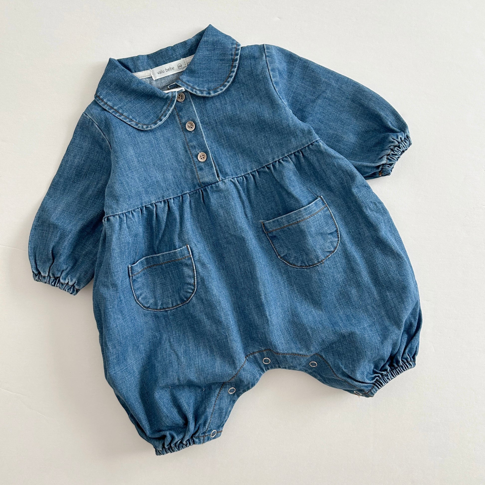 Baby Peter Pan Collar Double Pocket Denim Jumpsuit (6-18m) - Denim - AT NOON STORE